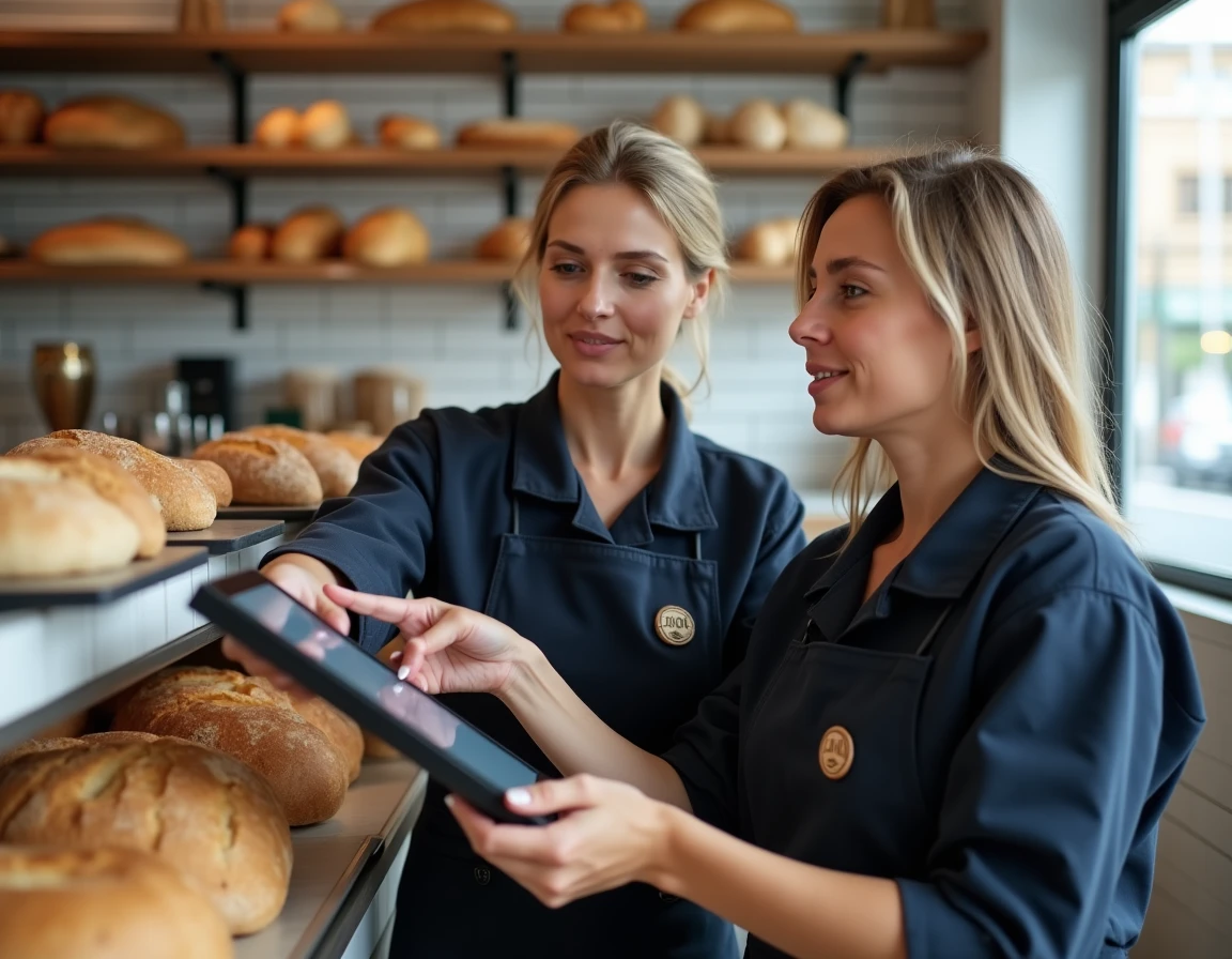 Deux vendeuses en boulangerie discutant devant la caisse enregistreuse en fin de journée de travail