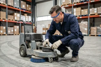 Technicien vérifiant les paramètres d'une autolaveuse Speed Scrub Rider avant utilisation en entrepôt industriel