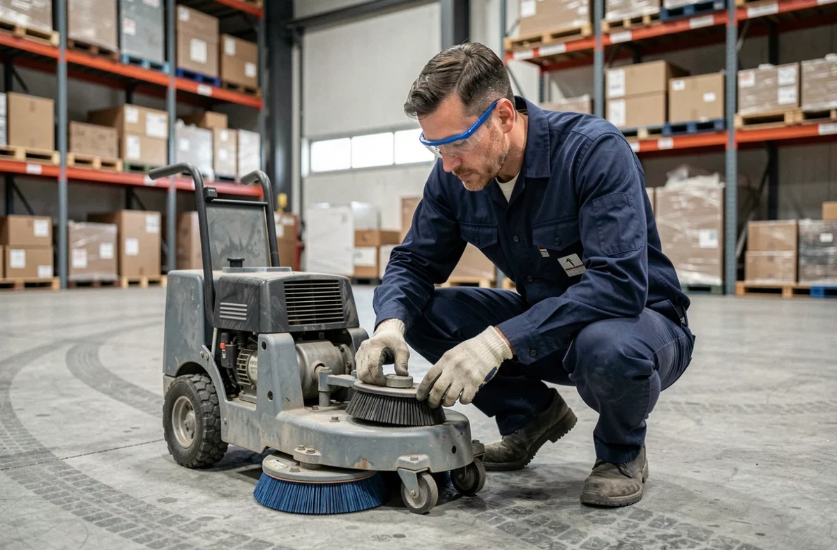 Technicien vérifiant les paramètres d'une autolaveuse Speed Scrub Rider avant utilisation en entrepôt industriel