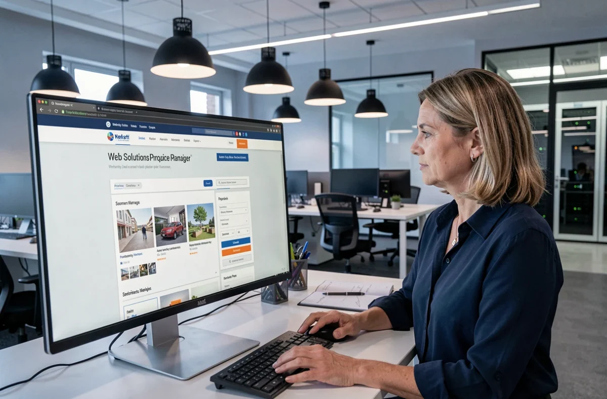 Chef de projet de Web Solutions Normandie examinant une solution web sur mesure pour un client