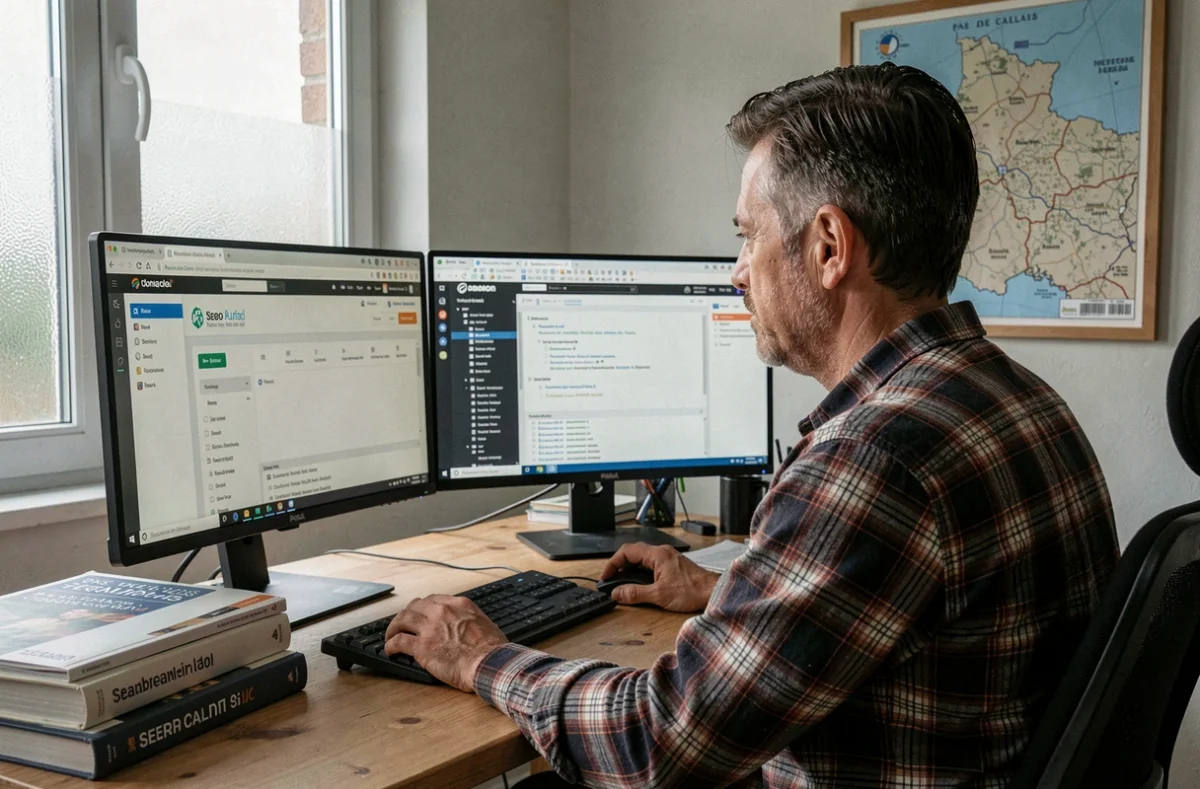 Webmaster et spécialiste SEO travaillant sur un audit de site web dans un bureau du Pas-de-Calais